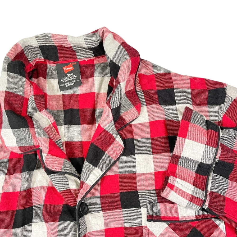 Hanes L Red Black Pajama Top Cotton Flannel Buffalo Plaid Sleep Shirt Cozy Cabin